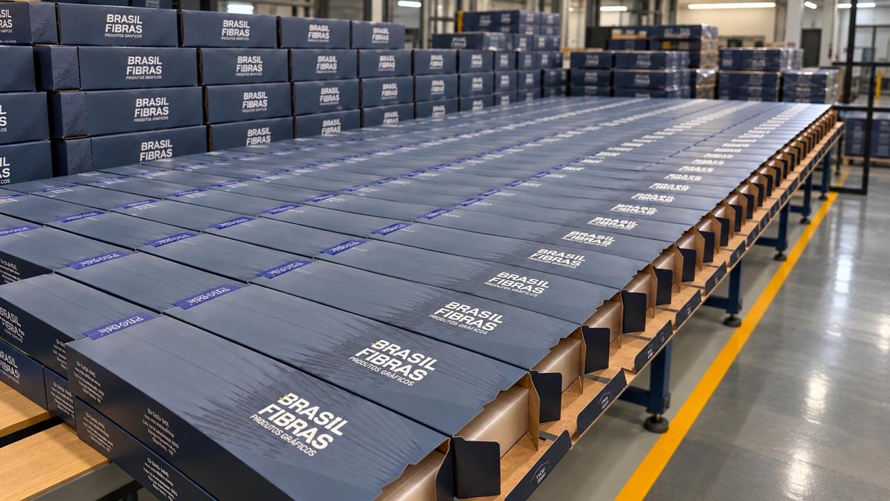 Réguas embaladas em caixas da Brasil Fibras prontas na linha de expedição